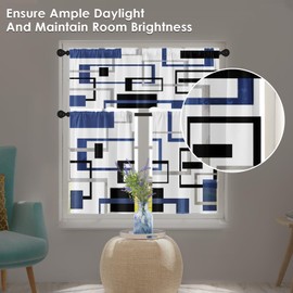 Tayney Navy Blue Black Kitchen Window Curtains Valance and Tier Set 36 Inch, Abstract Squares Geometric Rod Pocket Short Tier Curtain for Bathroom, Modern Small Cafe Drapes for Kitchen Decor