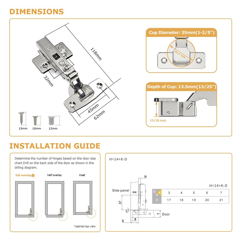 Furniware 2 Pack Cabinet Hinges,4D Adjustment Frameless Full Overlay Soft