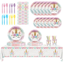 Unicorn Birthday Party Decorations For Girls Pastel Rainbow Unicorn Birthday Party Supplies Dinner plates, napkins , forks, straws, paper cups, tablecloths. For up to 16 people.