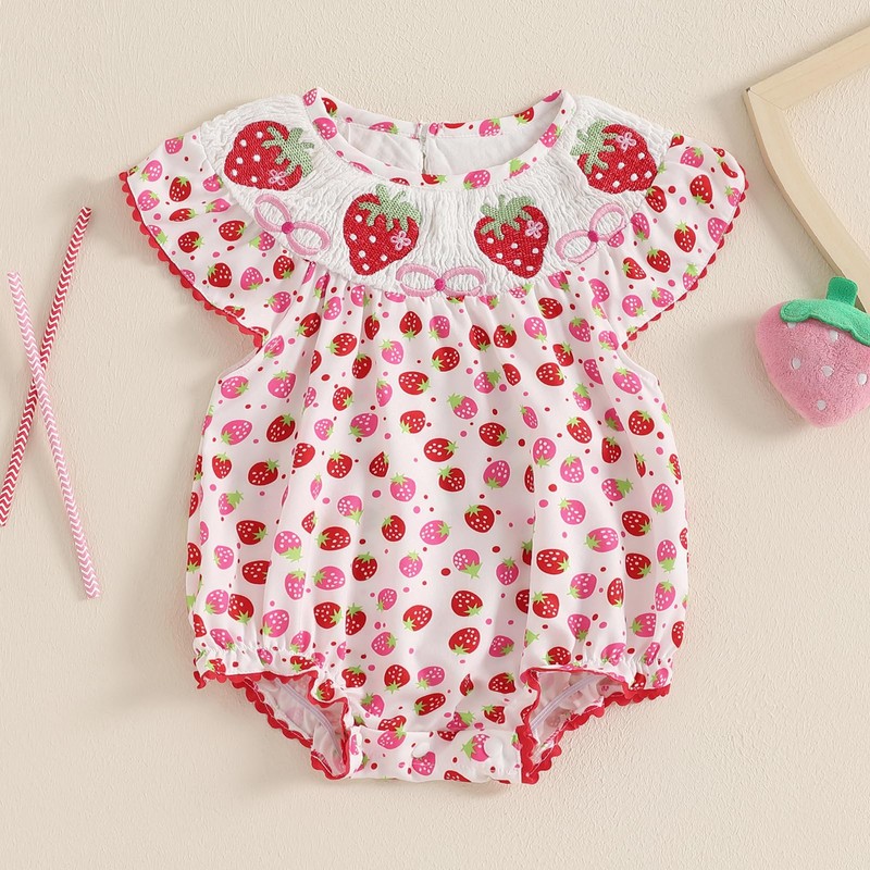 baorji Baby Girl Strawberry Outfit Strawberry Print Smocked Romper Short