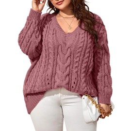 Dyexces Plus Size Sweaters for Women V Neck Long Sleeve Cable Knit Sweaters Casual Fall Sweaters Soft Jumper Tops Pink
