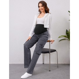 PACBREEZE Women's Maternity Jeans Cargo Straight Leg Relaxed Jeans Over Belly Comfy Denim Pregnancy Pants, S-XXL (Wash Black, Medium)
