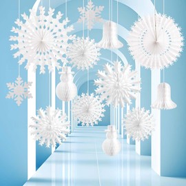 EASY JOY 13pcs Christmas Paper Snowflake Fans White Snowman Bell HoneycombWinter Wonderland Hanging Decoration for Christmas Winter Wedding Birthday Party Decorations