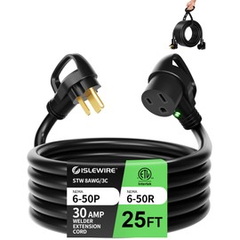 islewire 8 AWG 250V Welder Extension Cord, 25ft Heavy Duty NEMA 6-50 Extension Cord with LED Light and Handle, 30 Amp 3 Prong Welding Power Extension for Welding Machines, 8 Gauge STW, ETL Listed