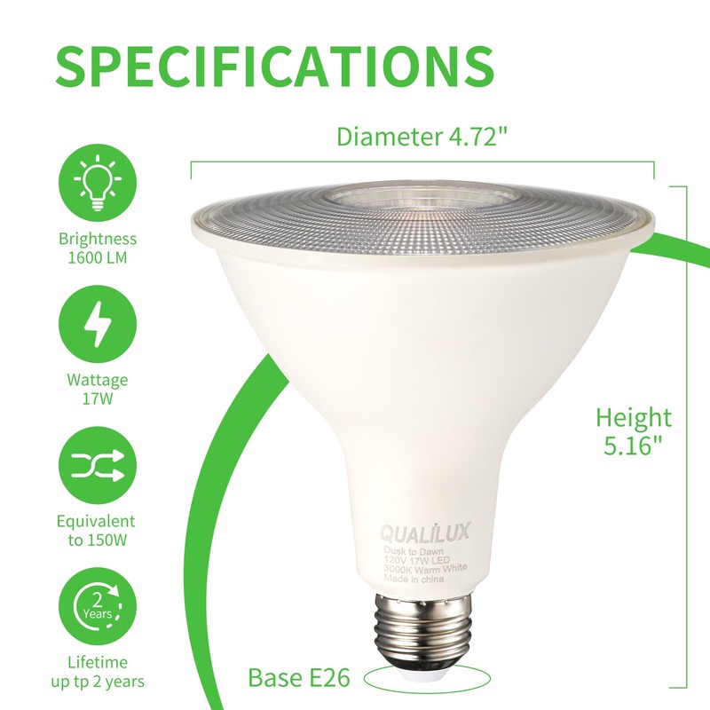 Qualilux PAR38 Dusk to Dawn LED Bulbs, Warm White 3000K,