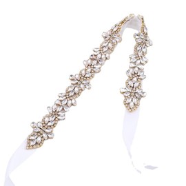 LEEMASING Rhinestone Crystal Belt for Wedding Dress Wedding Party Prom Sash with Ribbon for Women Evening Dress, gold