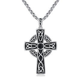Midir&Etain Irish Celtic Cross Necklace 925 Sterling Silver Celtic Knot Pendant Necklace with Cubic Zirconia Celtic Viking Jewellery Religious Protective Gift for Men Women Boys