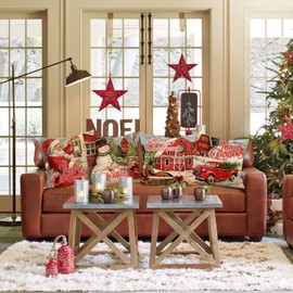 Lanpn Vintage Merry Christmas Cushion Covers 60x60 Set of 4, Decorative Retro Santa Xmas Throw Covers Pillow Cases 24x24 for Home Bedroom Room Holiday Couch Decor Decorations