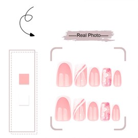 White French Tip Press on Nails Square Medium Fake Nails Flowers False Nails Pink Glossy Full Cover Acrylic Nail Floral Artificial Stick on Nail for Women Manicure DIY