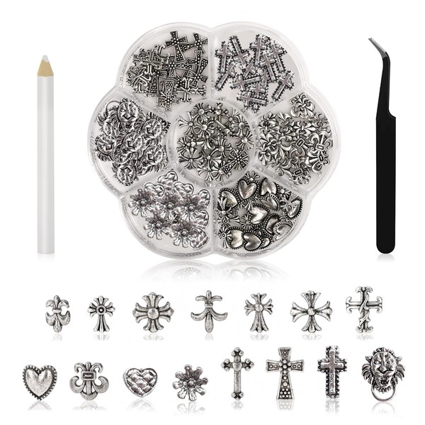 Ruzister® 75pcs 3D Nail Charms Cross Chrome Metal Silver Nail Art Charms Gothic Retro Punk Hearts Skull Manicure Nail Art Decorations