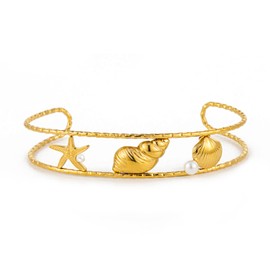 TONLUYAX Gold Conch Starfish Shell Coach Cuff Bangle for Women Ocean Theme Pearl Bracelet Summer Jewelry