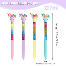 FRIUSATE 12 Pcs Unicorn Pens, Sparkly Glitter Liquid Gel Pens, Cute Unicorn Party Bag Fillers Girls Stationary Present Set, 0.5 mm Fine Point Pen for Home Office School Supplies, Black Ink