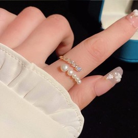 Chic CZ Pearl Statement Ring for Women Double Layers Stacking Rings Adjustable Open Finger Band Promise Engagement Rings Bands Dainty Jewelry