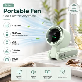 3-in-1 Portable Neck Fan for Travel – Foldable 5-Speed USB Rechargeable Mini Cooling Fan