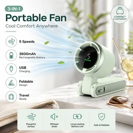 3-in-1 Portable Neck Fan for Travel – Foldable 5-Speed USB Rechargeable Mini Cooling Fan