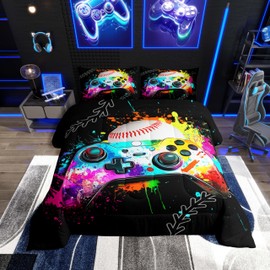 Gamer Comforter Set for Boys and Girls - Baseball Twin Bedding Set, Game Consoles Rainbow Tie Dye Twin Comforter, Gaming Decor for Bedroom, Gamer Gifts