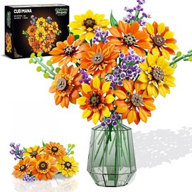 CUBIMANA Flower Sunflower Bouquet Building Kit with Lights - 17 Flowers Botanical Collection Artificial Plant Sunflower Building Blocks Art Home Decoration Surprise Gifts for Adults (1011 Pieces)