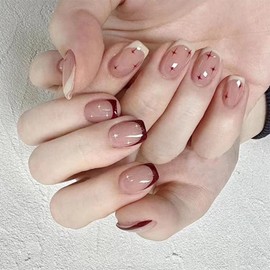 24pcs Short Square False French Tip False Nails Stick on Nails Glitter Press on Nails Removable Glue (07)