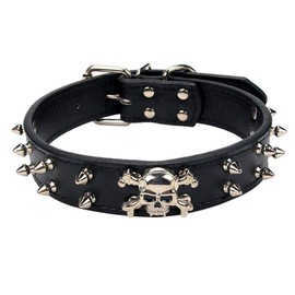 Bbmmayy Spiked Leather Dog Collar, 2 Rows Bullet Rivets Studded PU Leather, Cool Skull Pet Collar for Medium and Large Dogs (L, Black)