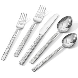 KINGSTONE 40 Pcs Hammered Silverware Set for 8, 18/10 Stainless Steel Heavy Duty Flatware Set, Tableware Cutlery Utensil Sets for Home Restaurant Dishwasher Safe