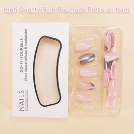 Pink Glitter French Tip False Nails - 24pcs Rose Pink Press On Nails Medium - Removable Shiny Glue on Fake Nails - Glossy Full Cover Coffin Stick on nails for Women Girls Nail Art DIY