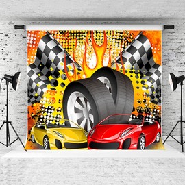 EMTOBT 7x5ft Boys Happy Birthday Backdrop Racing Car Theme Backdrop for Birthday Party Decorations Black White Grid Colorful Background Boy Kid Photography Background Photoshoot BJCCEM30