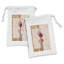 Ambesonne Retro Fabric Pouch Set of 2, Colorful Trees and Butterflies Round Edged Squares Funky Spring, Small Drawstring Bag for Toiletries Masks and Favors, 9" x 6", Dried Rose Scarlet