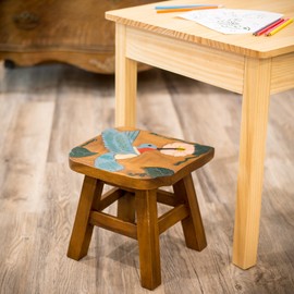 Sea Island Imports Hummingbird Design Hand Carved Acacia Hardwood Decorative Short Stool