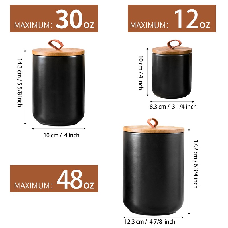 Black Ceramic Canister Set, 3pcs Ceramic Kitchen Canisters for Countertop
