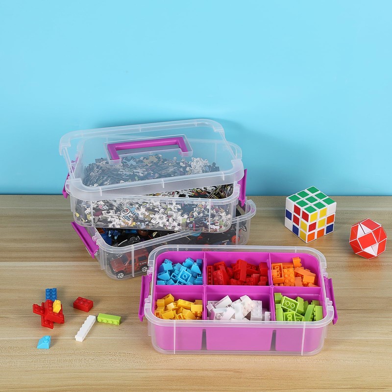 JUXYES 3-Tiers Stack Carry Storage Box With Divided Tray, Transparent