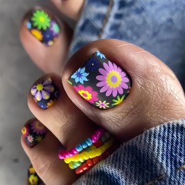 Colorful Flowers Press on Toenails Short Square Fake Toenails Black Matte Acrylic False Nails with Floral Designs Full Cover Toe Artificial Spring Summer Stick on Nails for Women Girls 24Pcs