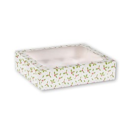 Anniversary House Christmas Cupcake Box with Window and Removable 12 Hole Insert, Holly Print, Easy Assembly, 7.5 x 25 x 31 CM, J113