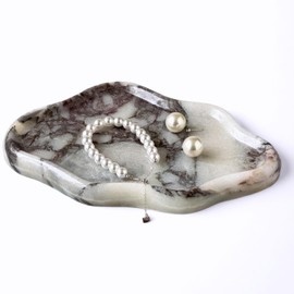 EXCHUES Marble Tray - Handcrafted Natural Stone Jewelry Dish, Vanity & Bathroom Decor, Trinket & Ring Dish, Key Bowl Asethetic for Home (Calacatta Viola Wispy Cloud)