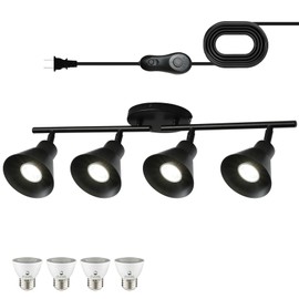Black 4 Light Plug in Ceiling Light Fixture,Modern Plug in Track Lighting,16.4ft Cord with Timer & Dimming Switch,3 Way Ceiling Spot Lighting,Flexibly Rotatable Light Head，Dimmable LED Bulbs Included