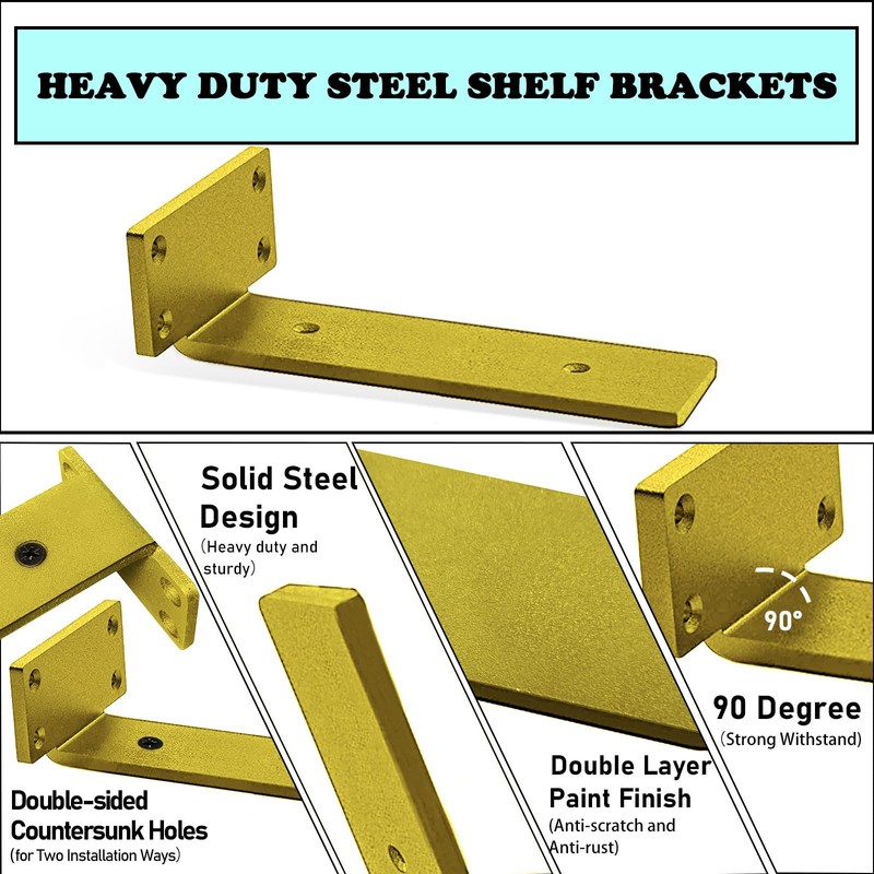 Advanced heavy-duty shelving bracket -5-inch floating shelving -0.2-inch thick gold