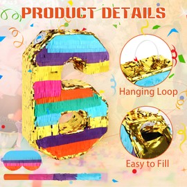 Rainbow Number 6 Pinata for 6th Birthday Party Decorations, Fiesta, Centerpieces, Kids Anniversary, Celebrations, Birthday Party Supplies (16.1 x 10.6 x 3 Inches)