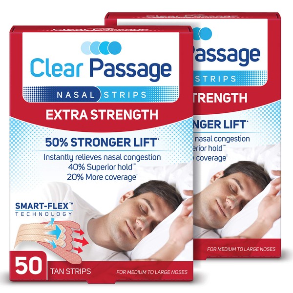 Clear Passage Nasal Strips Extra Strength, Tan, 100 Count | Works Instantly to Improve Sleep, Reduce Snoring, & Relieve Nasal Congestion Due to Colds & Allergies