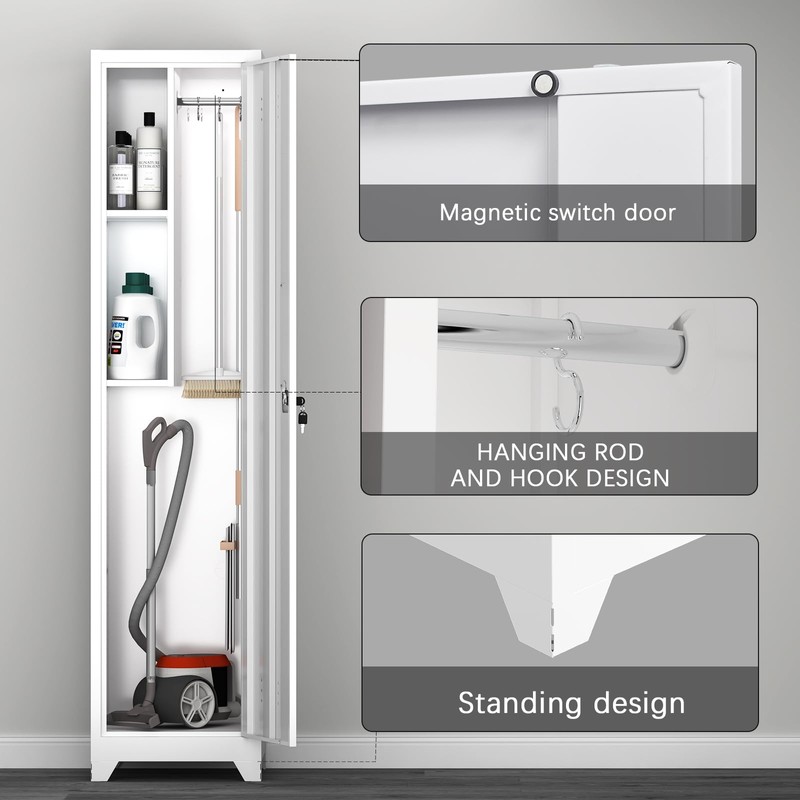 LUCYPAL Broom Closet Storage Cabinet,65" H Metal Cleaning Tool Cabinets