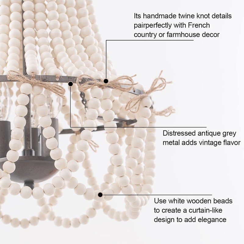 Wood Beaded Chandelier 3-Light Bohemia Pendant Light Fixture Farmhouse Round