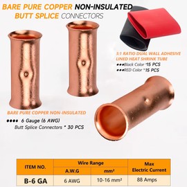 SVAAR 6 Gauge Flared Barrel Butt Splice Connectors Kit 30PCS 6 AWG Non-Insulated Butt Connectors Bare Pure Copper Flared Compression Butt Splices Crimp Butt Terminals +30PCS 3:1 Heat Shrinks