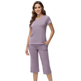 WiWi Pajamas for Women Short Sleeve Top and Capri Pants-Viscose from Bamboo Soft 2 Piece Capris Pjs S-XXL, Violet, Small