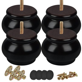 2 inch Solid Wood Furniture Legs, Btowin 4Pcs Round Wooden Bun Feet with Threaded 5/16'' Hanger Bolts & Mounting Plate & Screws for Sofa TV Stand Ottoman Bed