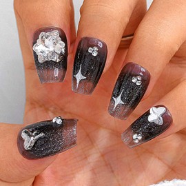 Sethexy Black Gradient Rhinestone Handmade Artificial Nail 3D Crystal Medium Coffin False Nails Sparkle Shiny Press on the Nail Salon Quality for Women and Girls (G)