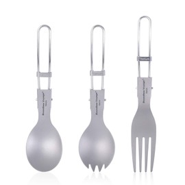 iBasingo Ti1026T Camping Cutlery Set Titanium Folding Spoon Spork Fork Outdoor Travel Portable Tableware Small Lightweight Flatware Business Trip Picnic Hiking Fishing Tableware with Bag