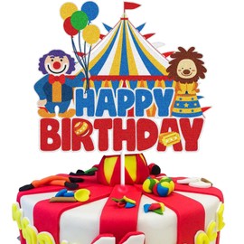 KEWEYA Circus Happy Birthday Cake Topper Decorations Red Blue Carnival Theme Birthday Cake Decor Party Supplies Circus Theme Cake Backdrop for Kids Baby Shower Sign