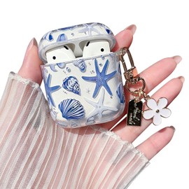 MINSCOSE Compatible with AirPods 1&2 Clear Case,Cute Beautiful Seashell and Starfish Pattern Design with Keychain, Soft TPU Protective Shockproof Cover for AirPods 1&2 for Women Girls-Blue
