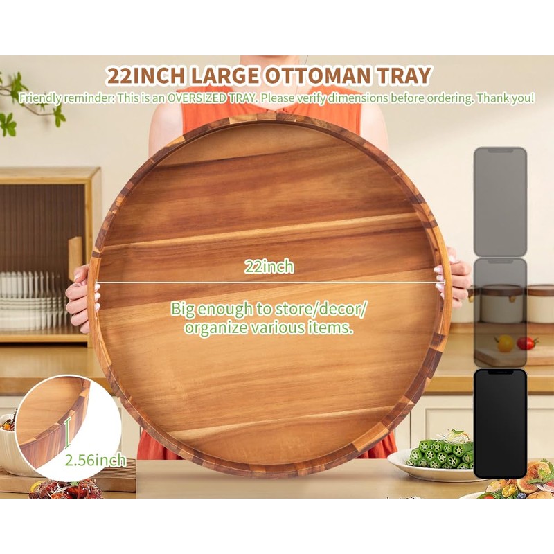 Decent Vrvege Extra Large Round Ottoman Coffee Table Tray, 22"