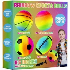 Rainbow Sports Balls for Kids & Toddlers - (Pack of 4) 8.5-Inch Neon Sport Ball Set Includes Football, Soccer, Basketball, & Playground Balls, Inflatable Indoor & Outdoor Fun Toys - Birthday Gift