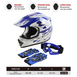 TCT-MOTORPARTS DOT Kids Youth Motocross Helmets ATV Off-Road Dirt Bike Motorcycle Full Face Blue Flame Helmet+Gloves+Goggles X-Large