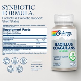 SOLARAY Bacillus Coagulans Probiotic - 5 Billion Live Microorganisms - Digestion and Gut Health Support - Full Body Health Probiotics with Inulin Prebiotic Fiber, 60-Day Guarantee, 30 Serv, 60 VegCaps
